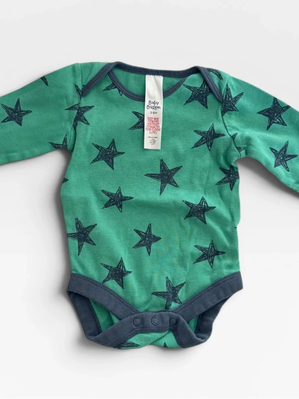 Baby Boden Teal Star-Print Long Sleeve Bodysuit with Navy Trim